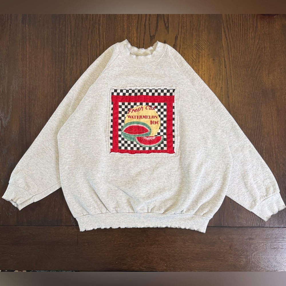 Vintage Gray Crew Neck Sweatshirt Watermelon Patch Made in USA -XL